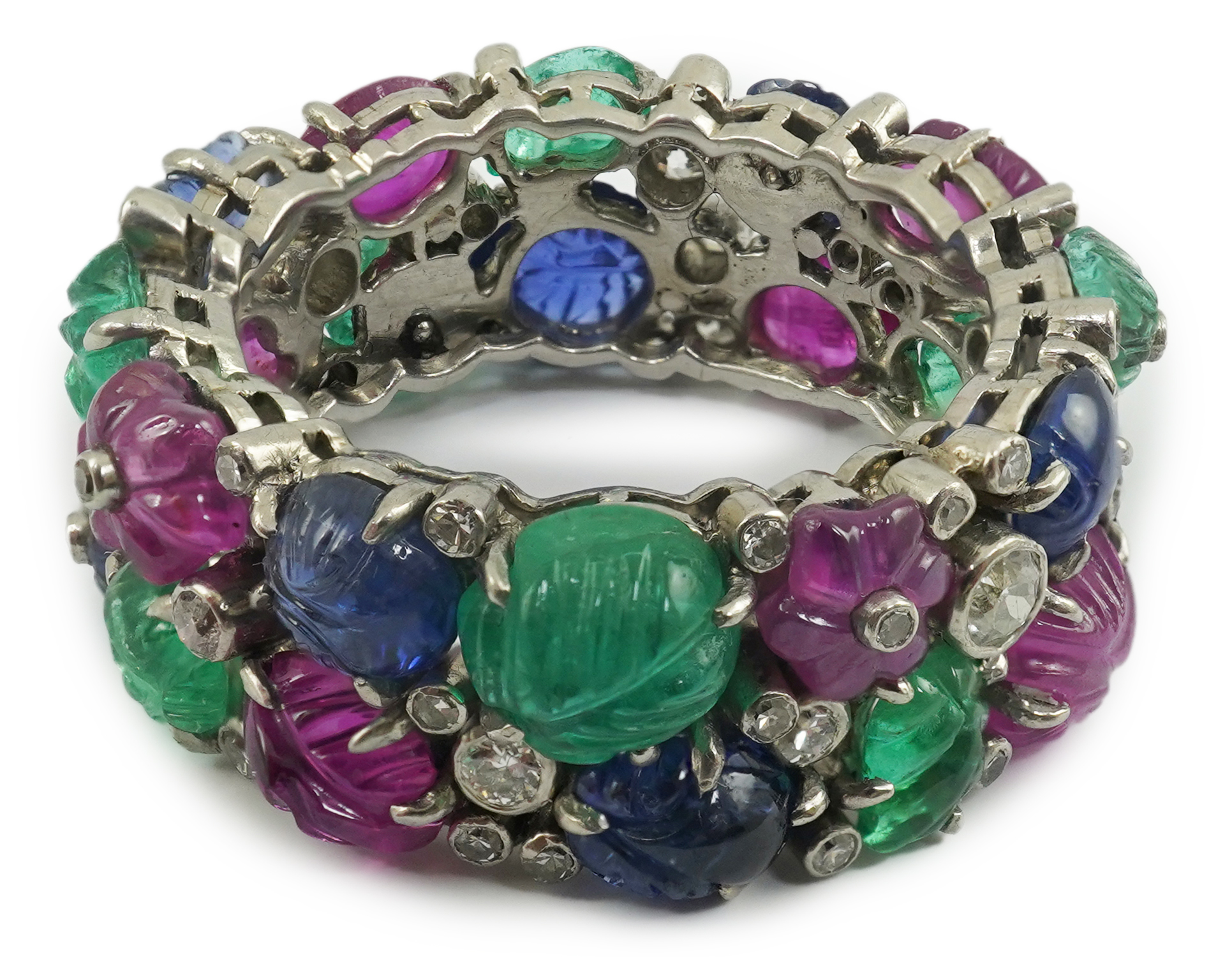 A Mauboussin style platinum, ruby, emerald, sapphire and diamond set 'Tutti Frutti' ring